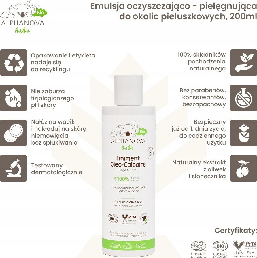 Alphanova Bebe Bio* Valomoji emulsija su priežiūros kompleksu sauskelnių sričiai 200 ml