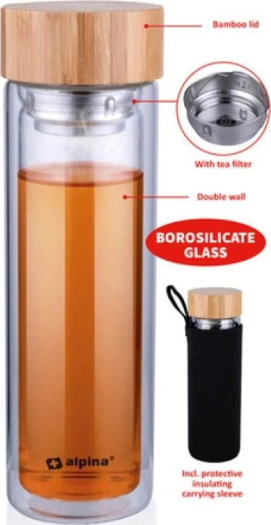 Gertuvė Alpina - Dvigubos sienelės termo stiklinis butelis 450 ml