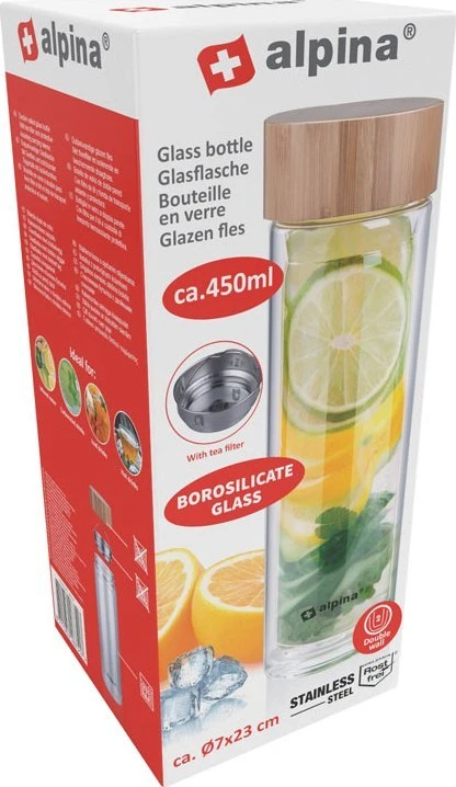 Gertuvė Alpina - Dvigubos sienelės termo stiklinis butelis 450 ml