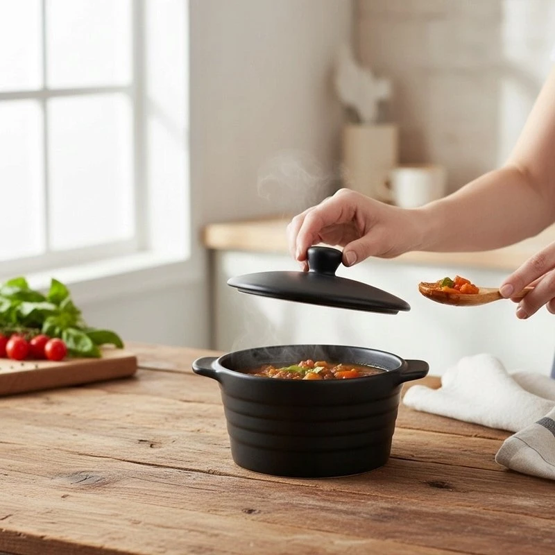 Alpina - Ceramic ovenproof dish with lid, round, 13x10 cm, 210 ml (juodas)