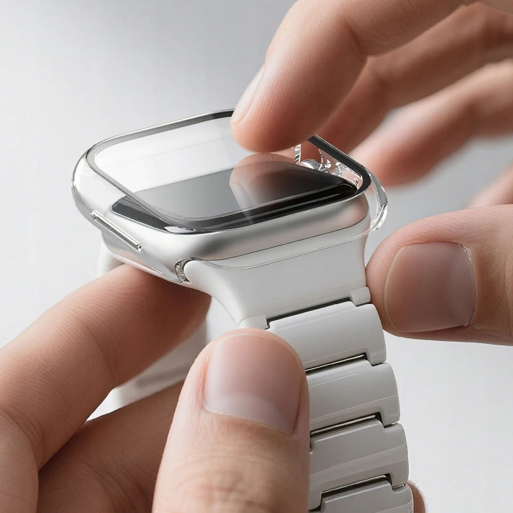 „AmazingThing Radix“ stiklinė ekrano apsauga su dėklu, skirtu „Apple Watch Series 11“ (42 mm), skaidri