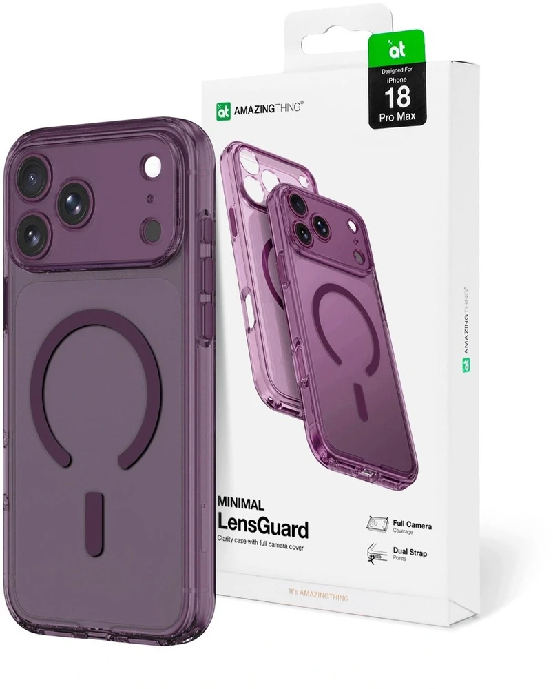 Objektyvas AmazingThing Minimal Mag objektyvo dėklas iPhone 18 Pro Max su kameros dangteliu ir virvelės laikikliu, suderinamas su MagSafe – violetinė