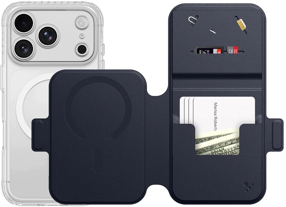 Dėklas AmazingThing Titan Pro lęšių atlenkiamas rinkinys su dėklu iPhone 18 Pro Max su pinigine, suderinamas su MagSafe – tamsiai mėlyna