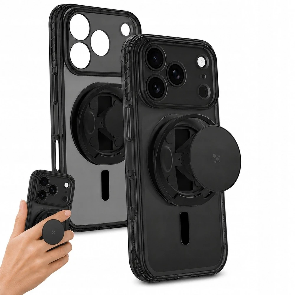 Objektyvas AmazingThing Titan Pro Pop objektyvo dėklas iPhone 18 Pro su kameros dangteliu, laikikliu ir stovu, suderinamas su MagSafe – juodas