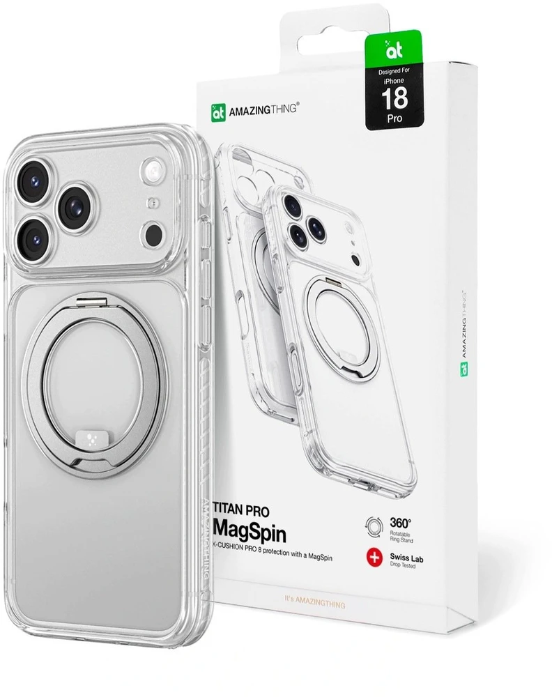 Objektyvas AmazingThing Titan Pro besisukantis objektyvo dangtelis iPhone 18 Pro su sukamuoju žiedu ir virvelės laikikliu, suderinamas su MagSafe – permatomas