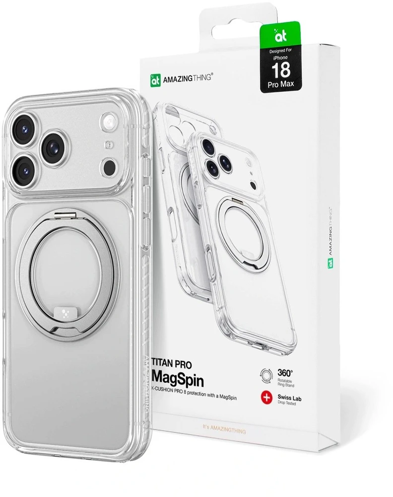 Objektyvas AmazingThing Titan Pro Spin dėklas su besisukančiu žiedu ir virvelės laikikliu iPhone 18 Pro Max, suderinamas su MagSafe – permatomas