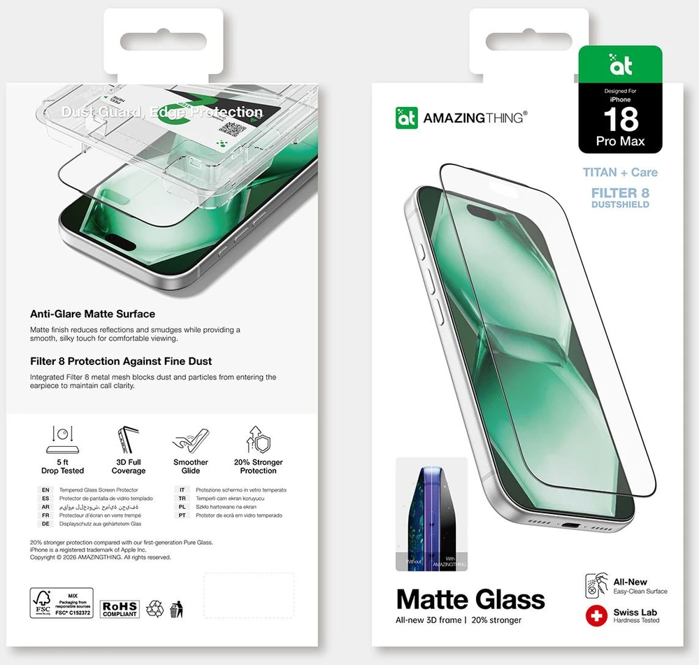 AmazingThing Titan +Care matinis stiklas skirtas iPhone 18 Pro Max su tvirtinimo rėmeliu