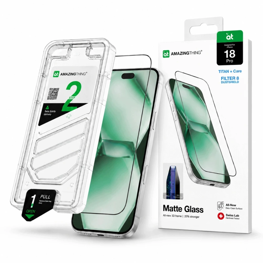 AmazingThing Titan +Care Matte Glass grūdintas stiklas iPhone 18 Pro su montavimo rėmeliu
