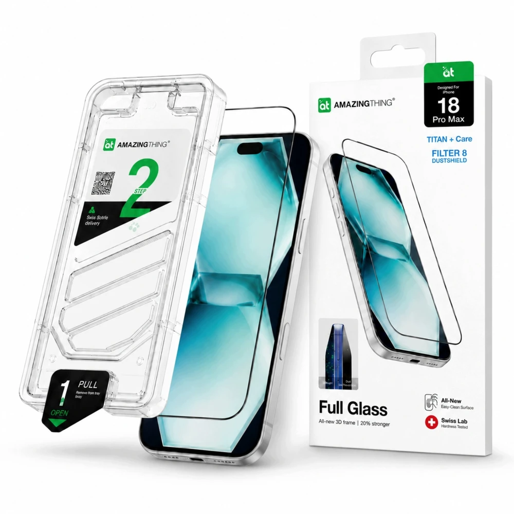 AmazingThing Titan +Care Full Glass grūdintas stiklas iPhone 18 Pro Max su montavimo rėmeliu