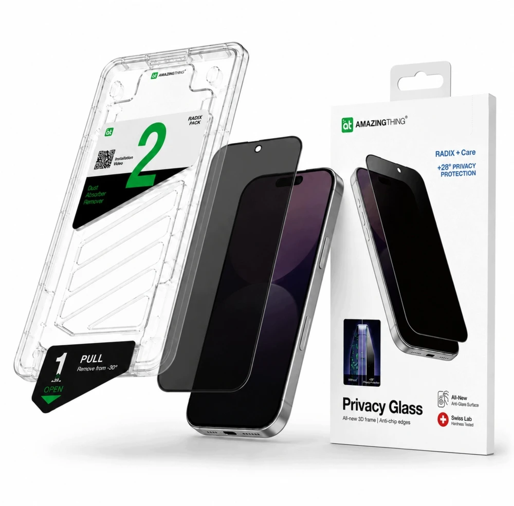 AmazingThing Radix +Care privatumo stiklas iPhone 18 Pro Max su tvirtinimo rėmeliu