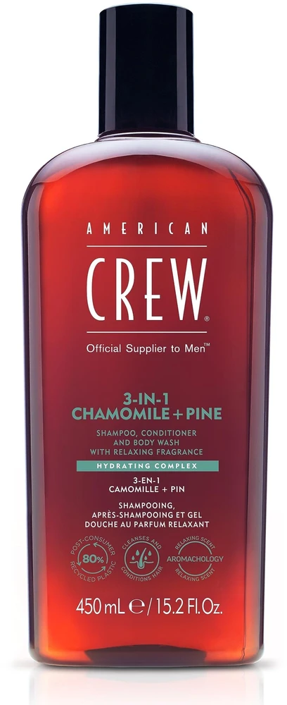 „American Crew“ 3 viename ramunėlių ir pušies kvapo skalbiklis, 450 ml