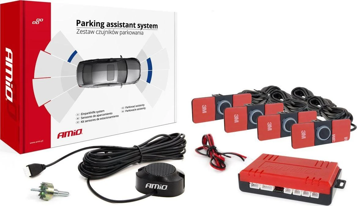 Parkavimo pagalbos sistema su garso signalu, 4 juodi jutikliai, vidinis montavimas 16,5 mm AMIO-02253