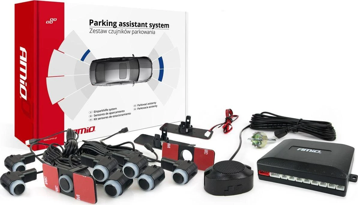 Parkavimo pagalbos sistema su garso signalu, 8 juodi jutikliai, vidinis montavimas 16,5 mm AMIO-02254