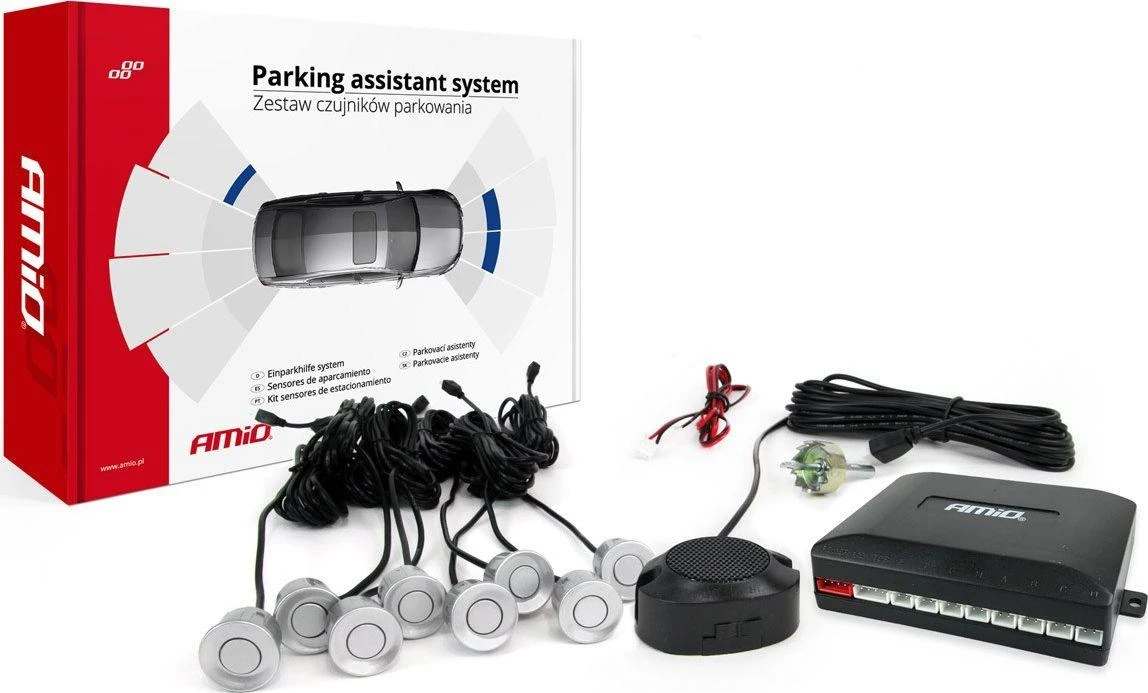 Parkavimo pagalbos sistema su garso signalu, 8 sidabro spalvos jutikliai 22 mm AMIO-01596