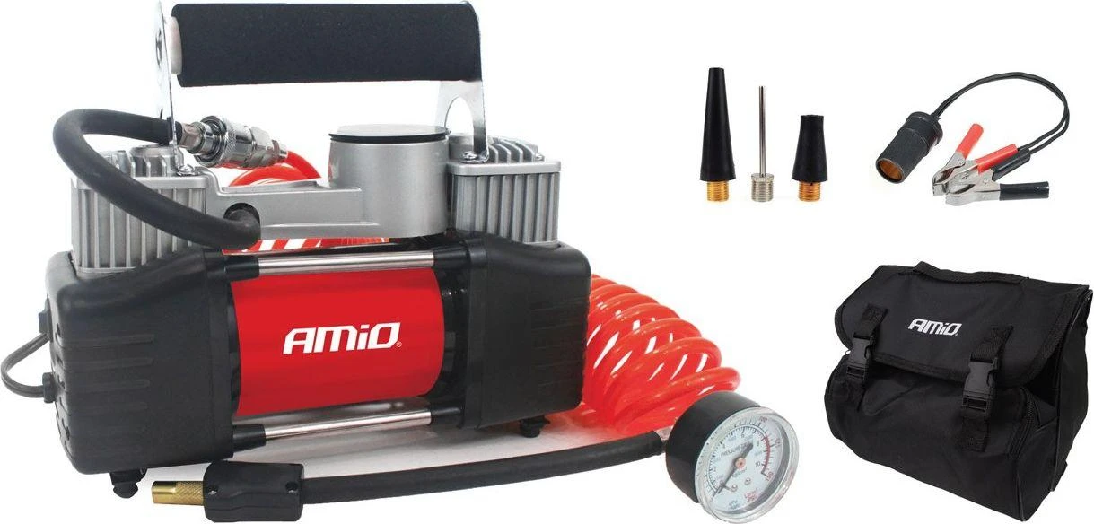 Amio metalinis dviejų stūmoklių kompresorius su manometru 12V