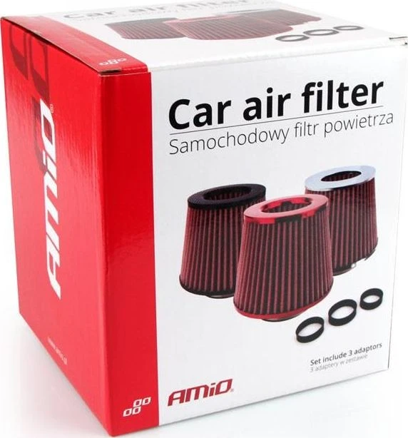 Kūginis oro filtras automobiliui, universalus, raudonas, su 3 adapteriais, AMIO-01042