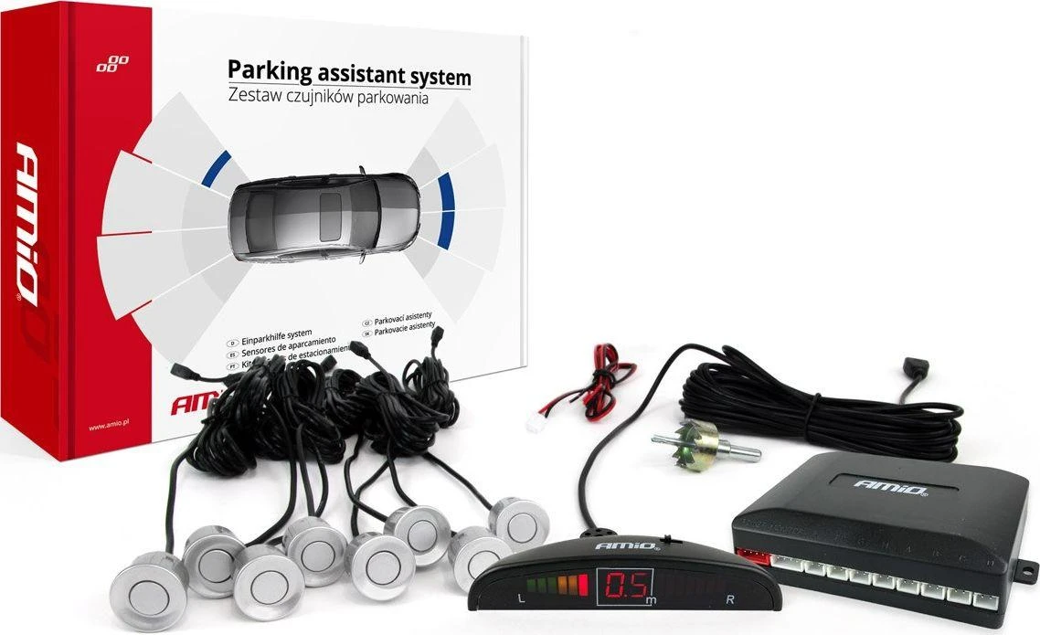 Parkavimo pagalbos sistema LED, 8 sidabro spalvos jutikliai 22 mm AMIO-01598
