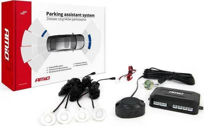 Parkavimo pagalbos sistema su garso signalu, 4 balti jutikliai 22 mm AMIO-01568