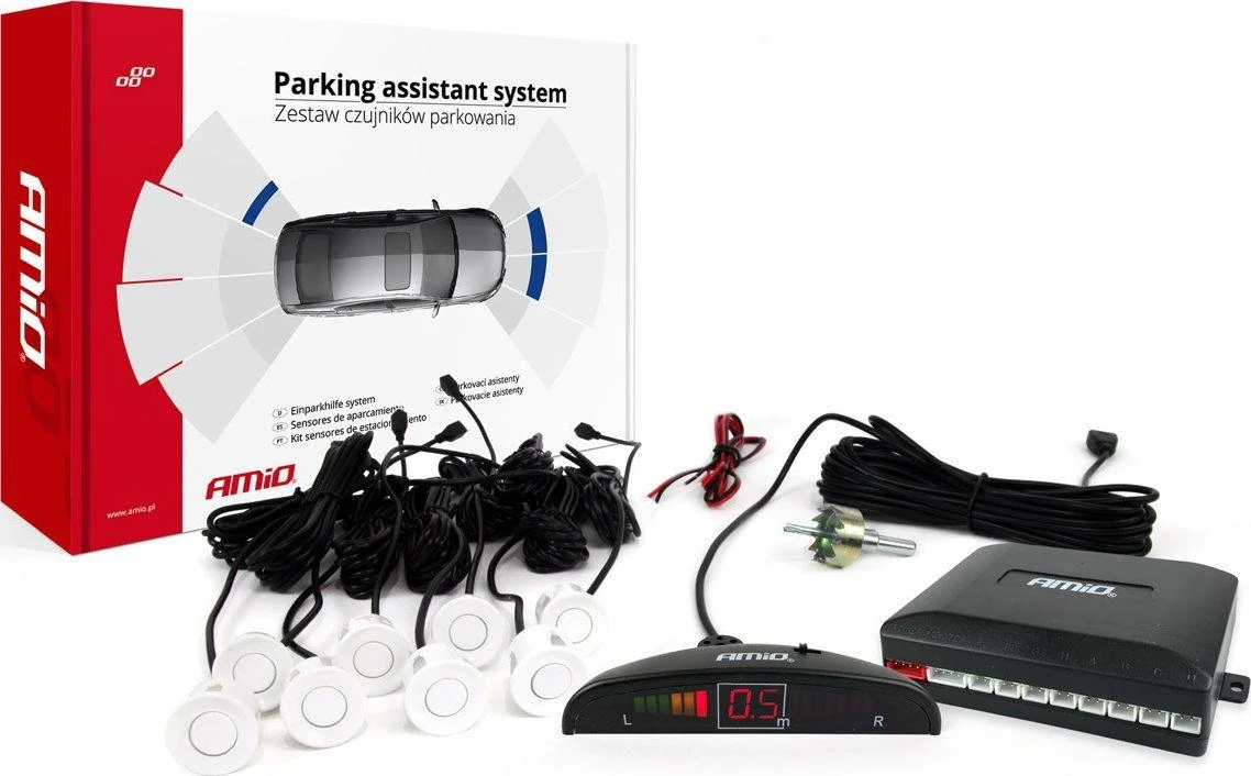 Parkavimo pagalbos sistema LED, 8 balti jutikliai 22 mm AMIO-01601