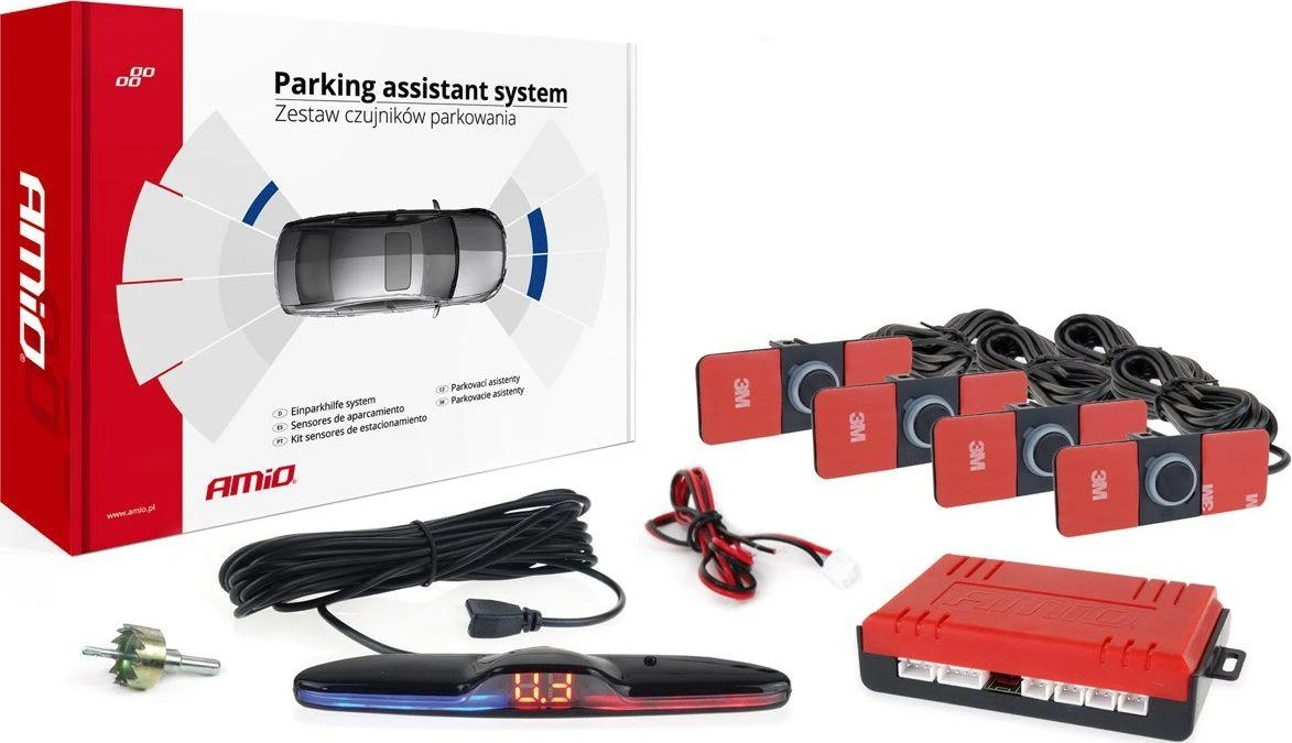 Parkavimo pagalbos sistema MAX LED, 4 juodi jutikliai, vidinis montavimas 16,5 mm AMIO-02291
