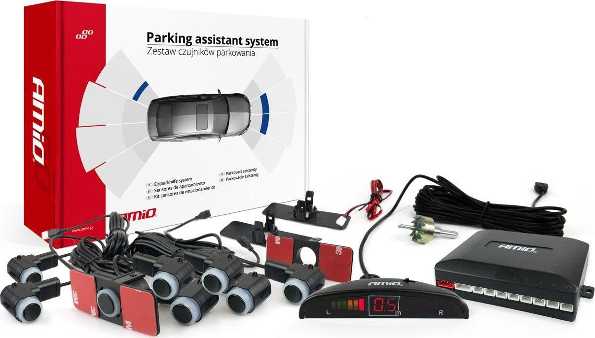 Parkavimo pagalbos sistema LED, 8 juodi jutikliai, vidinis montavimas 16,5 mm AMIO-02256