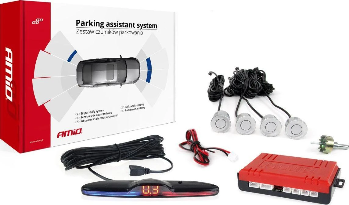 Parkavimo pagalbos sistema LED, 4 juodi jutikliai, vidinis montavimas 16,5 mm AMIO-02255