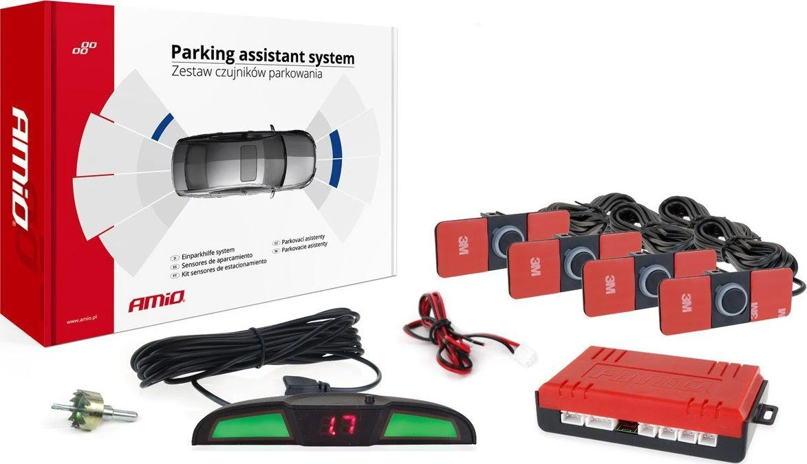 Parkavimo pagalbos sistema LED COB, 4 juodi jutikliai, vidinis montavimas 16,5 mm AMIO-02285
