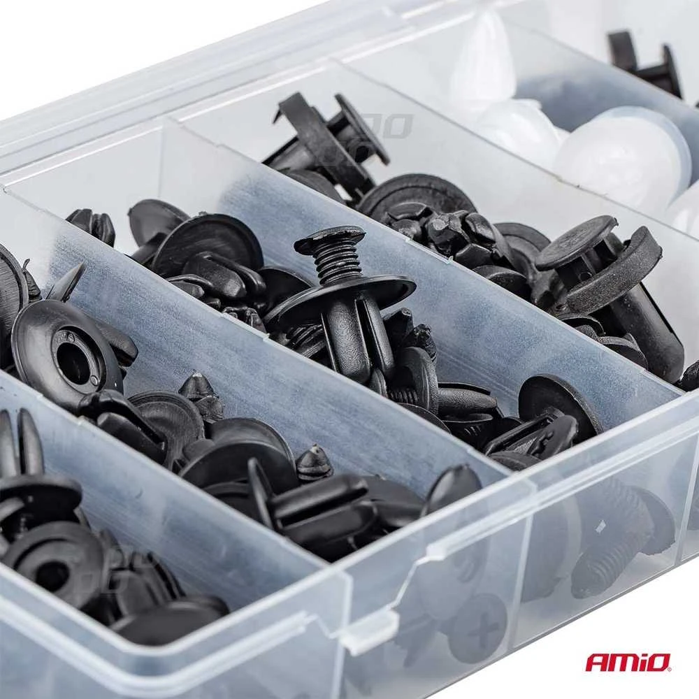Automobilinių tvirtinimo kaiščių ir segtukų rinkinys, 100 vnt., AMIO-02830