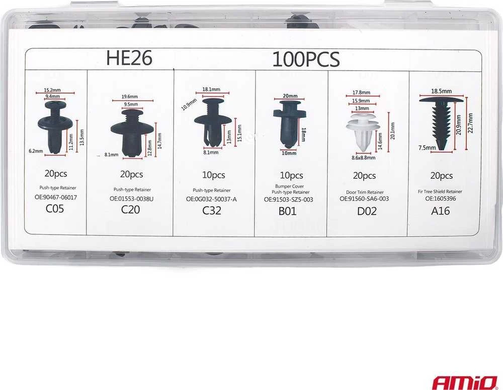 Automobilinių tvirtinimo kaiščių ir segtukų rinkinys, 100 vnt., AMIO-02830