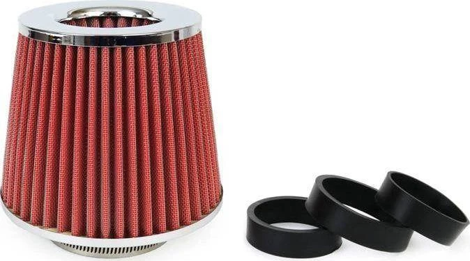 Kūginis oro filtras automobiliui, universalus, raudonas/chromuotas, su 3 adapteriais, AMIO-01282