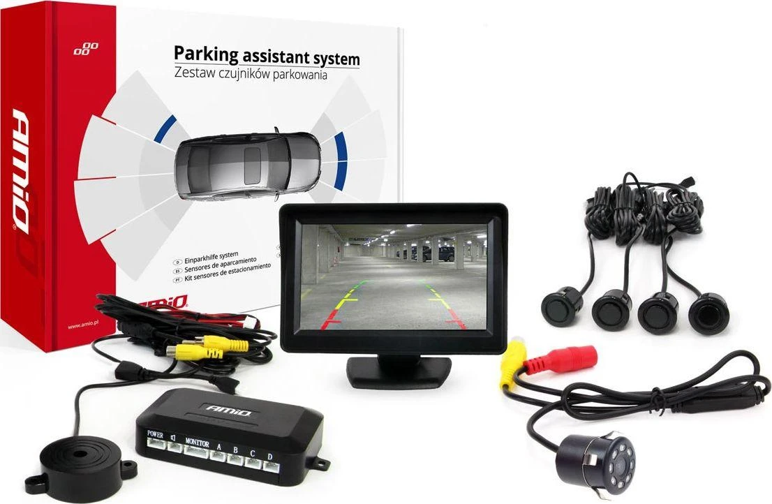 Amio Parkavimo pagalbos sistema TFT01 4,3" su HD-307-IR LED kamera, 4 juodi jutikliai GOLD 18 mm