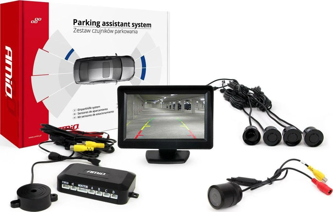 Amio Parkavimo pagalbos sistema TFT01 4,3" su HD-301-IR kamera, 4 juodi jutikliai