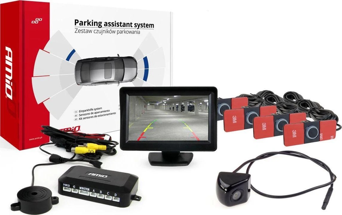 Amio Parkavimo pagalbos sistema TFT01 4,3" su HD-310 kamera, 4 juodi jutikliai, vidinis montavimas
