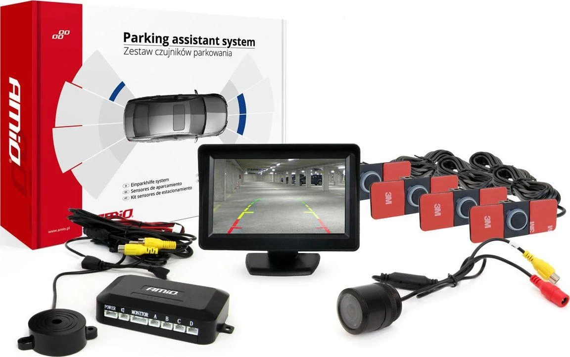 Amio Parkavimo pagalbos sistema TFT01 4,3" su HD-307-IR kamera, 4 juodi jutikliai 22 mm