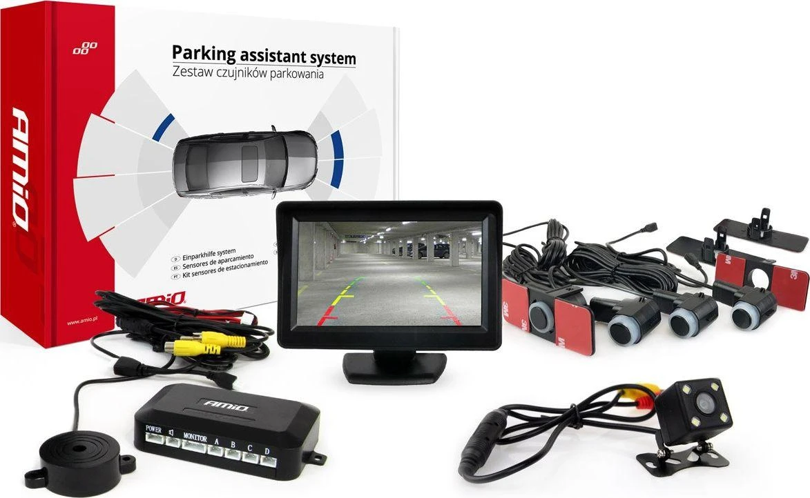 Amio Parkavimo pagalbos sistema TFT01 4,3" su HD 315 LED kamera, 4 juodi jutikliai 16,5 mm, vidinis montavimas