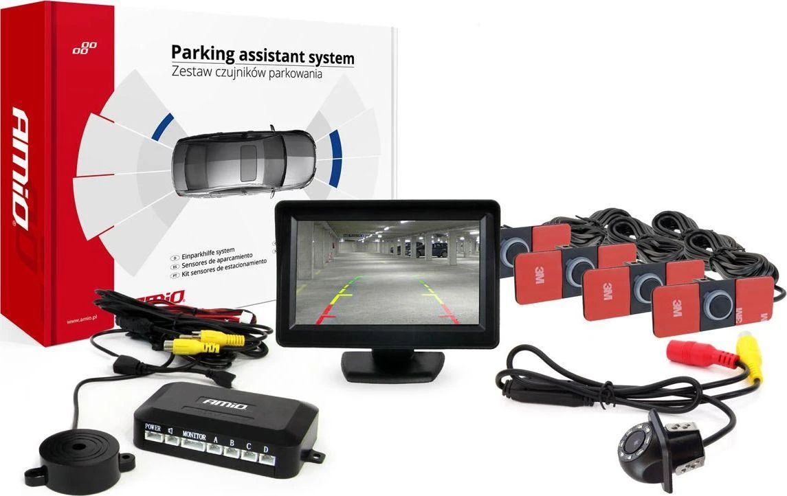 Amio Parkavimo pagalbos sistema TFT01 4,3" su HD-305 LED kamera, 4 juodi jutikliai 28 mm, vidinis montavimas