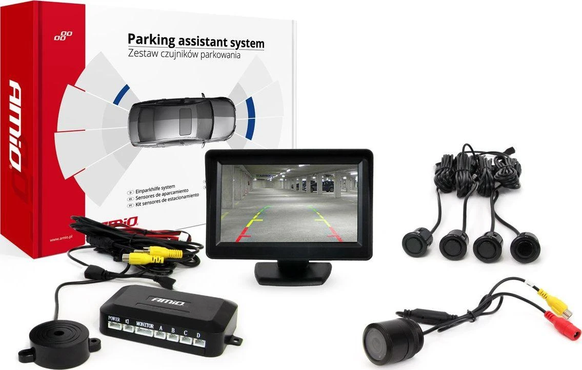 Amio Parkavimo pagalbos sistema TFT01 4,3" su CAM-402 LED kamera, 4 juodi jutikliai GOLD