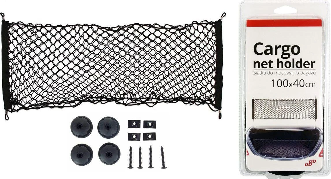 Bagažinės tinklas su kišene ir laikikliais 100×40 cm, AMIO-02148