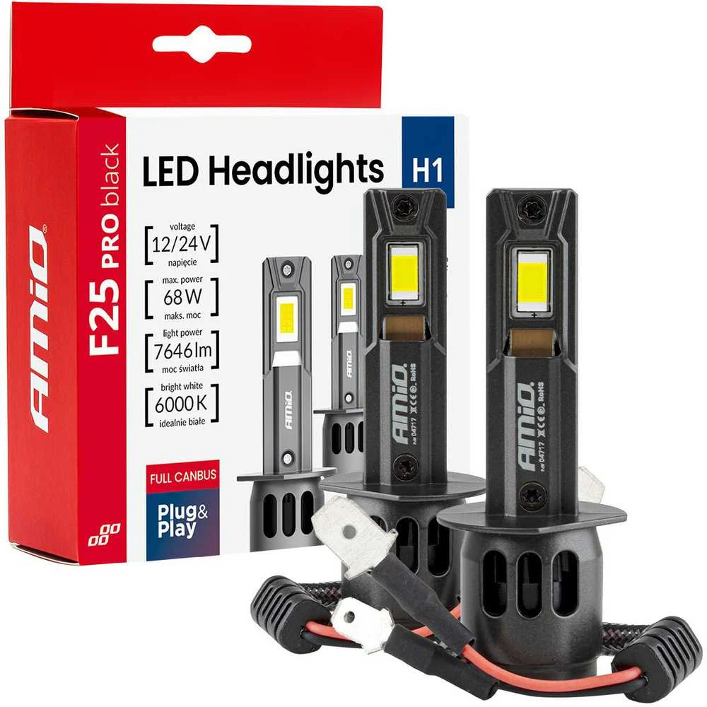 LED žibintų lemputės Series F25 PRO Juodas FULL CANBUS H1 68W 12V 24V AMIO-04717