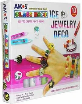 Vitražinių dažų rinkinys ICE JEWELERY, Amos, 10 spalvų po 10,5ml + 3 apyrankės + 5 žiedai