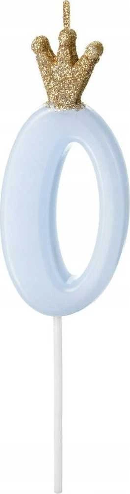 PartyDeco Žvakutė Skaičius su karūna, žydra 9,5cm, Skaičius: 0