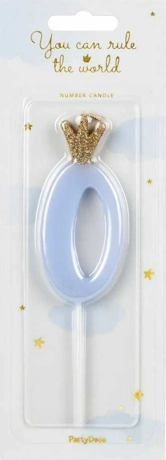 PartyDeco Žvakutė Skaičius su karūna, žydra 9,5cm, Skaičius: 0
