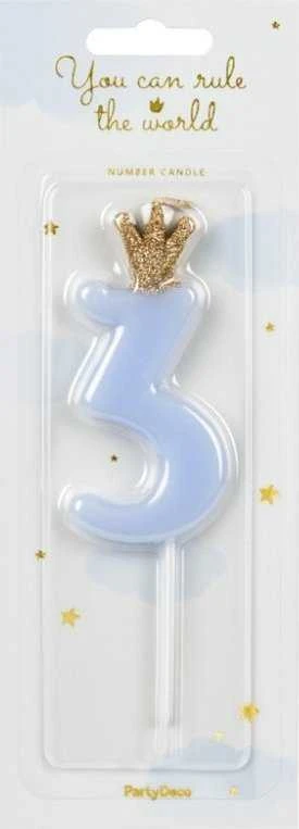 PartyDeco Žvakutė Skaičius su karūna, žydra 9,5cm, Skaičius: 3