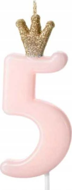 PartyDeco Žvakutė Skaičius su karūna, rausva 9,5cm, Skaičius: 5