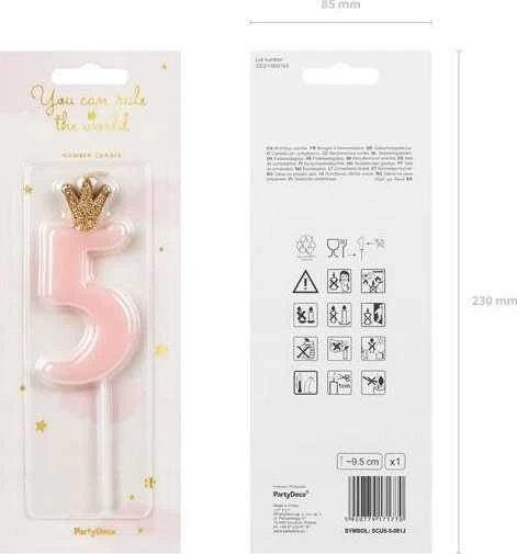 PartyDeco Žvakutė Skaičius su karūna, rausva 9,5cm, Skaičius: 5