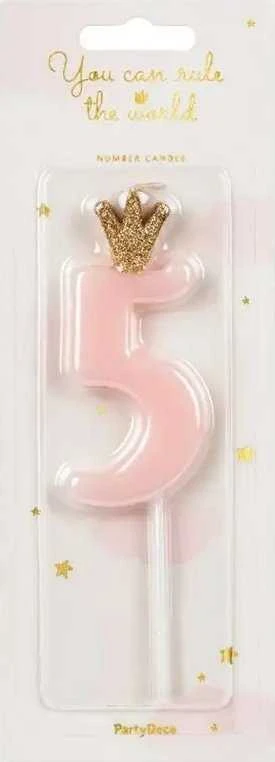 PartyDeco Žvakutė Skaičius su karūna, rausva 9,5cm, Skaičius: 5