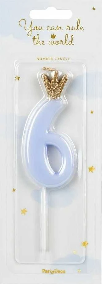PartyDeco Žvakutė Skaičius su karūna, žydra 9,5cm, Skaičius: 6
