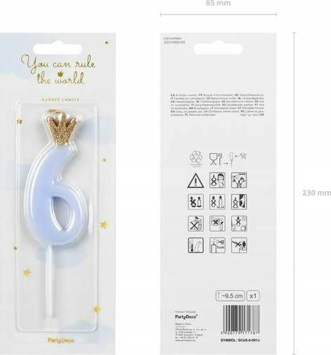 PartyDeco Žvakutė Skaičius su karūna, žydra 9,5cm, Skaičius: 6