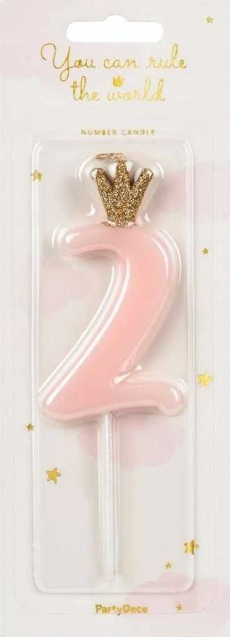 PartyDeco Žvakutė Skaičius su karūna, rausva 9,5cm, Skaičius: 2