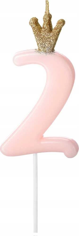 PartyDeco Žvakutė Skaičius su karūna, rausva 9,5cm, Skaičius: 2